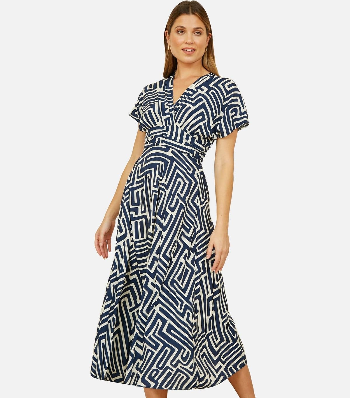 Yumi Women's Navy Geometric Ruched Waist Midi Dress Yumi New Look