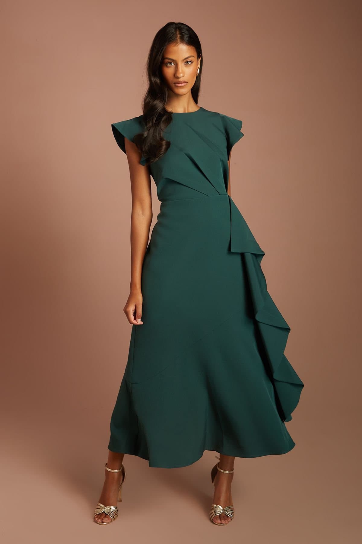 Coast Coast Women's Petite Ruffle Detail Midi Dress in Emerald