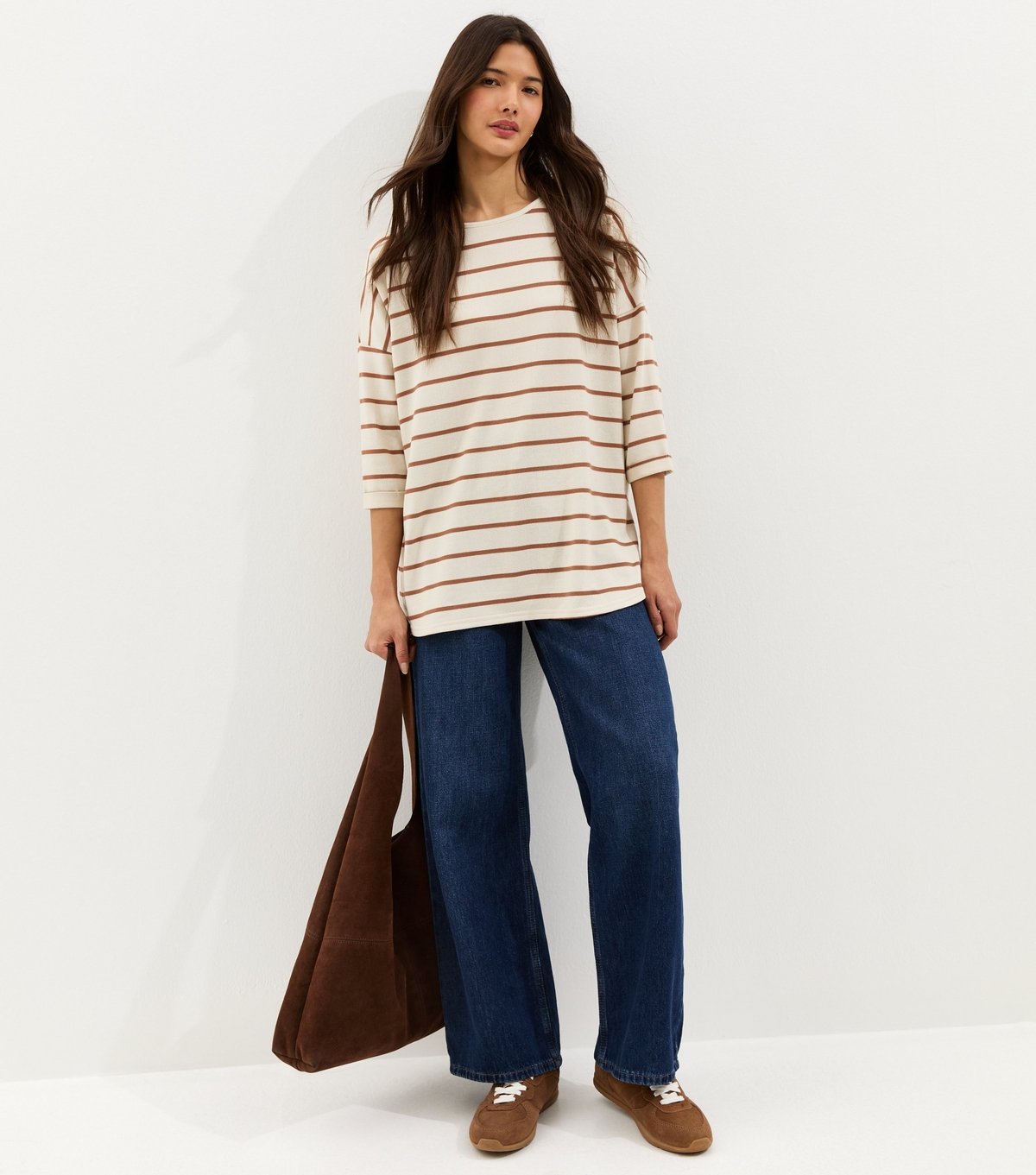 New Look Women's Cream Striped Cropped Sleeve Oversized Top New Look - 3