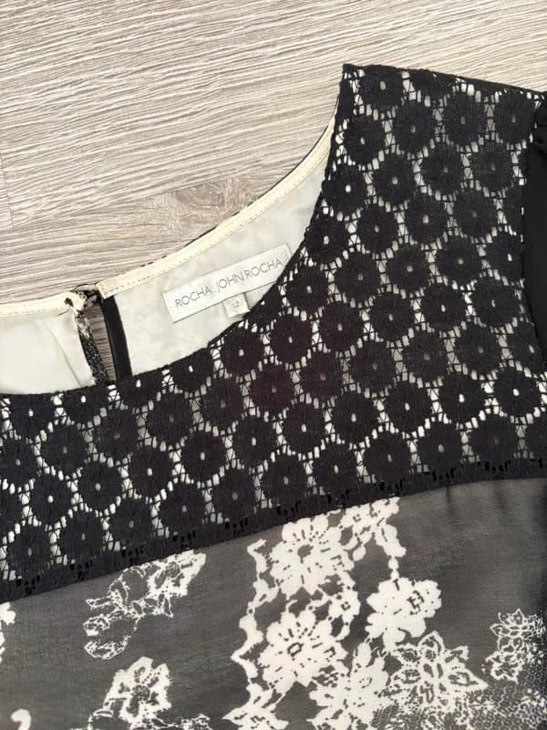Rocha John Rocha Rocha John Rocha Black & White Lace Floral Tunic Dress UK 12 Monochrome Sheer Long Sleeve