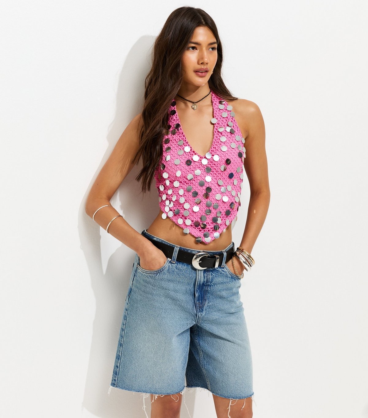 New Look Women's Bright Pink Festival Sequin Halter Top New Look - 2