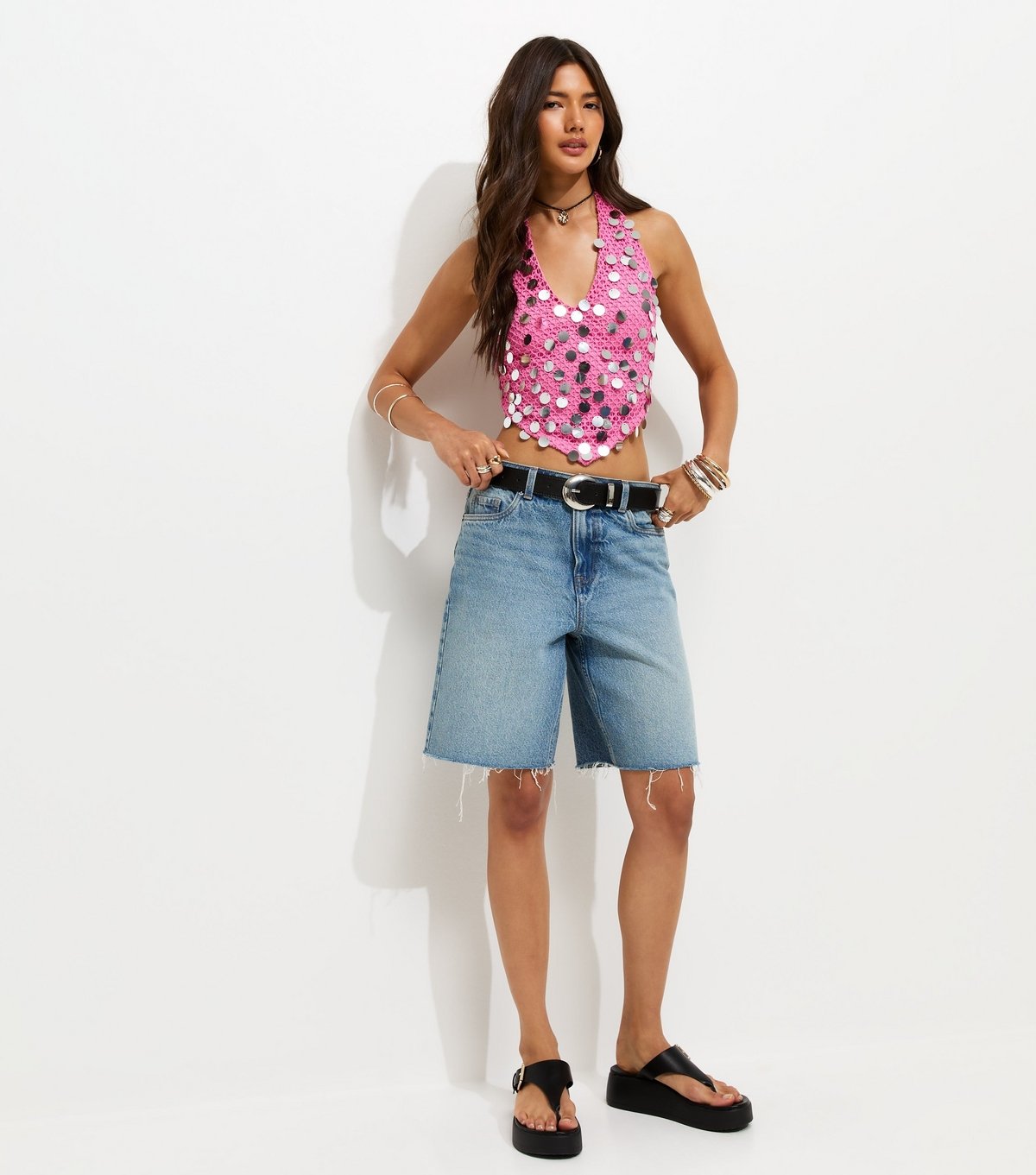 New Look Women's Bright Pink Festival Sequin Halter Top New Look - 3