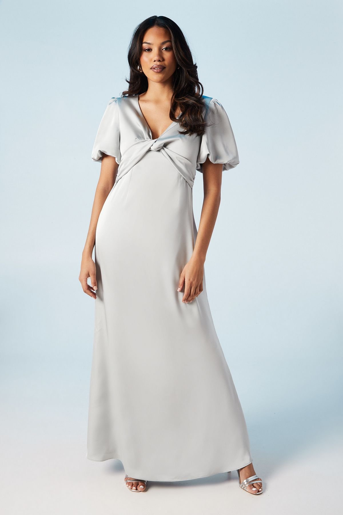 Coast Coast Women's Twist Detail Puff Sleeve Satin Bridesmaid Maxi Dress in Sage - 2