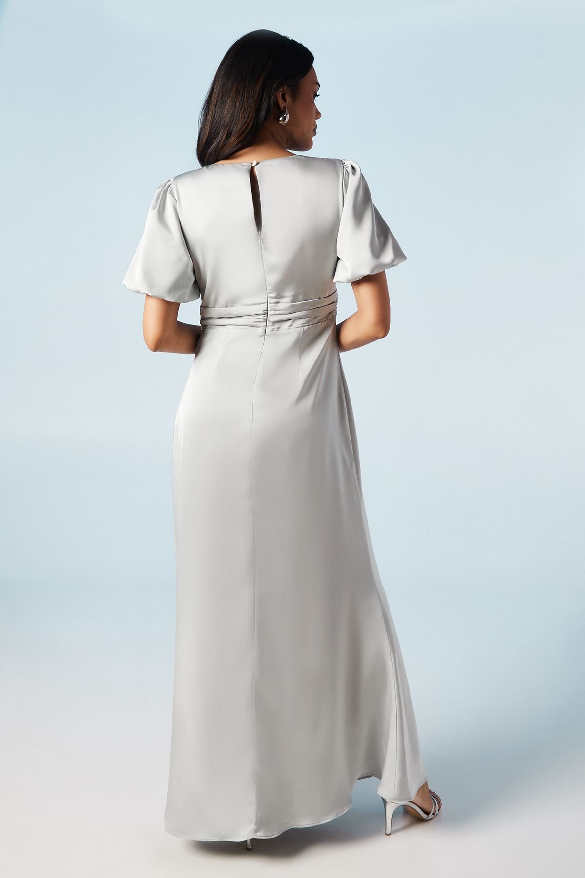 Coast Coast Women's Twist Detail Puff Sleeve Satin Bridesmaid Maxi Dress in Sage - 3