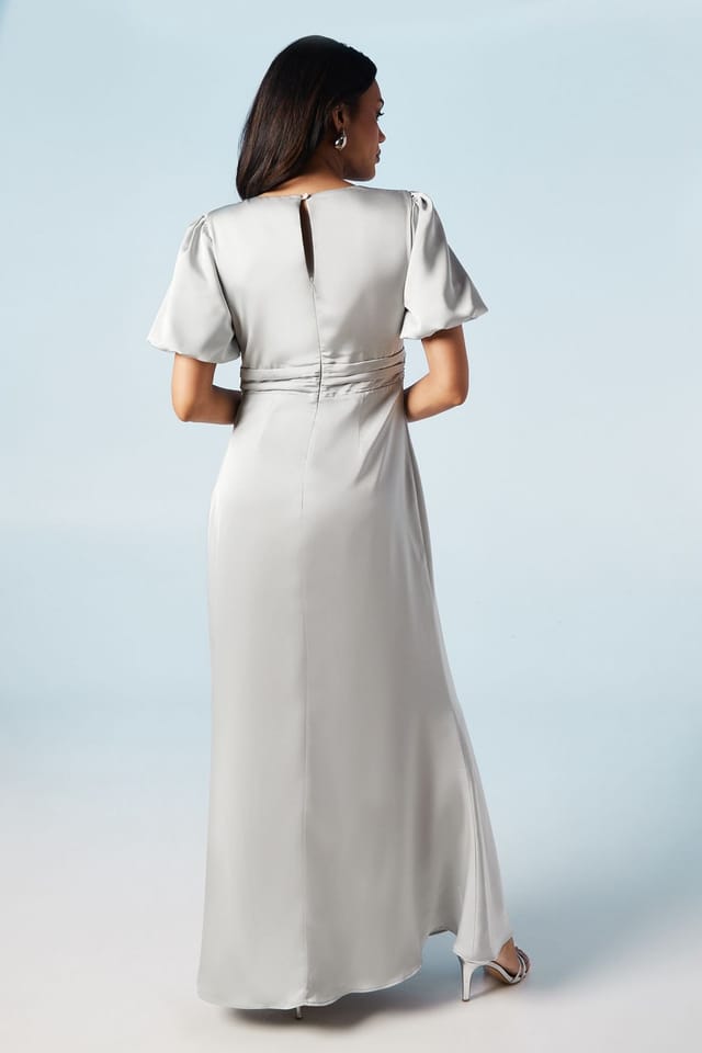 Coast Coast Women's Twist Detail Puff Sleeve Satin Bridesmaid Maxi Dress in Sage - 3