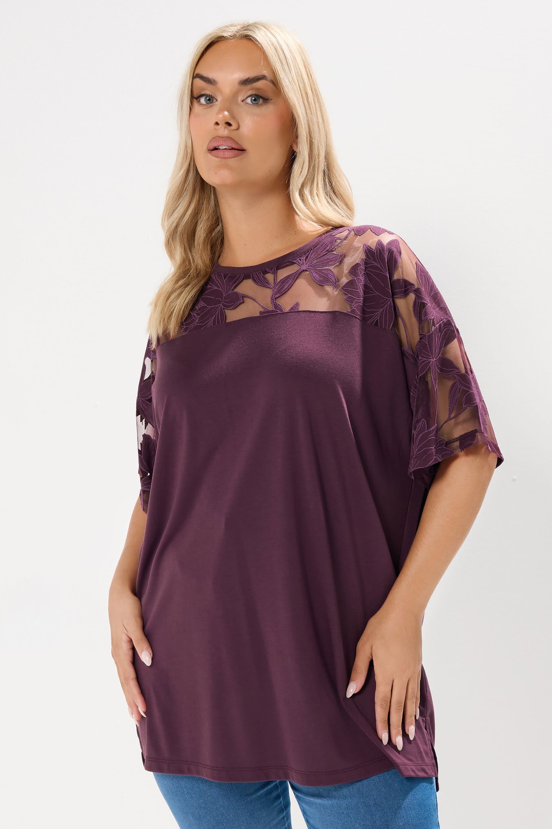 Yours Plus Size Purple Floral Burnout Boxy Tshirt