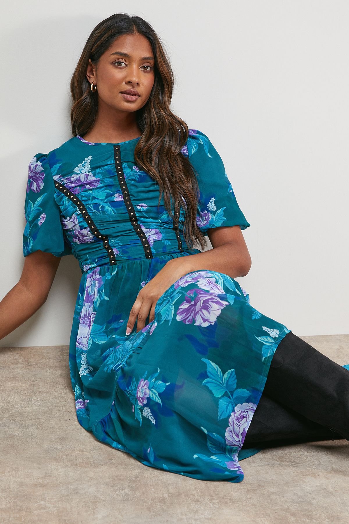 Oasis Oasis Women's Printed Ruched Bodice Trim Detail High Low Hem Midi Dress - 4