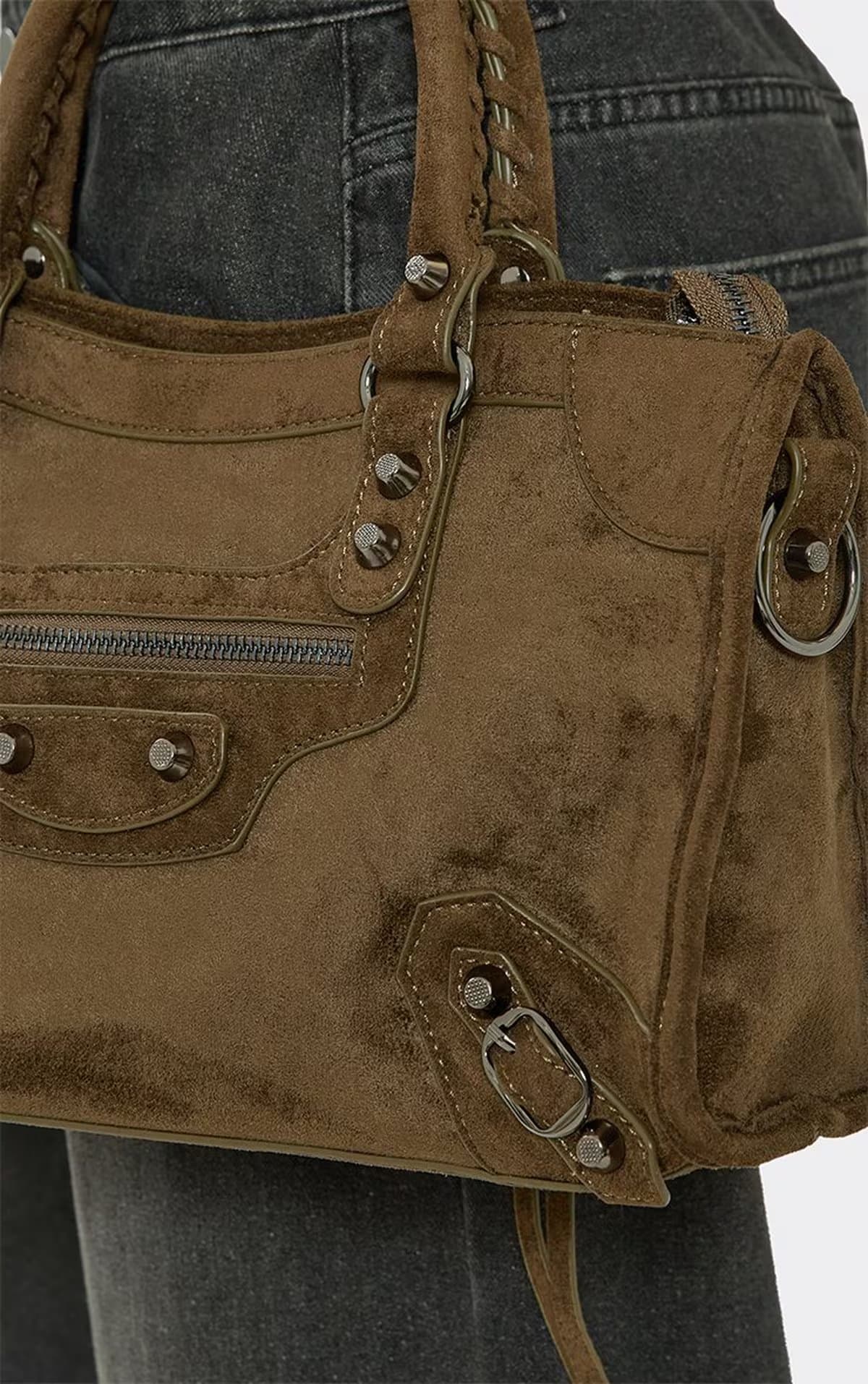 EGO Perth Stud Zip Detail Grab Bag In Khaki Faux Suede, Women's Size UK 0