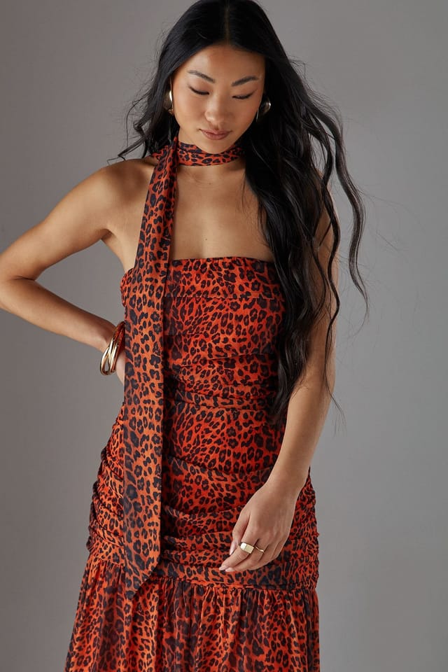 Warehouse Warehouse Women's Petite Chiffon Neck Tie Bandeau Ruched Maxi Dress in Orange - 2