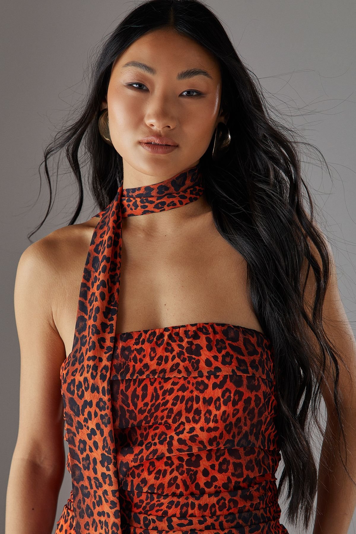 Warehouse Warehouse Women's Petite Chiffon Neck Tie Bandeau Ruched Maxi Dress in Orange - 3