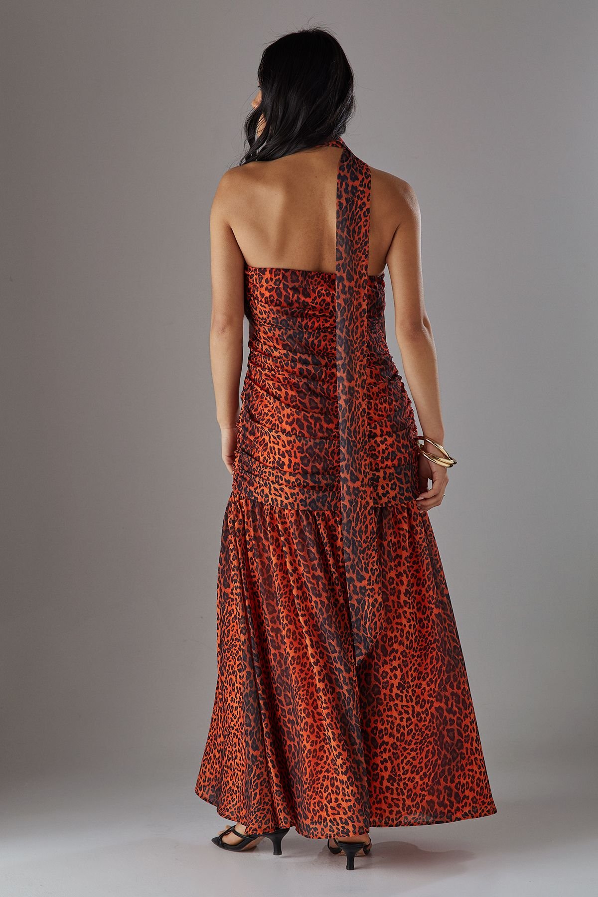 Warehouse Warehouse Women's Petite Chiffon Neck Tie Bandeau Ruched Maxi Dress in Orange - 4