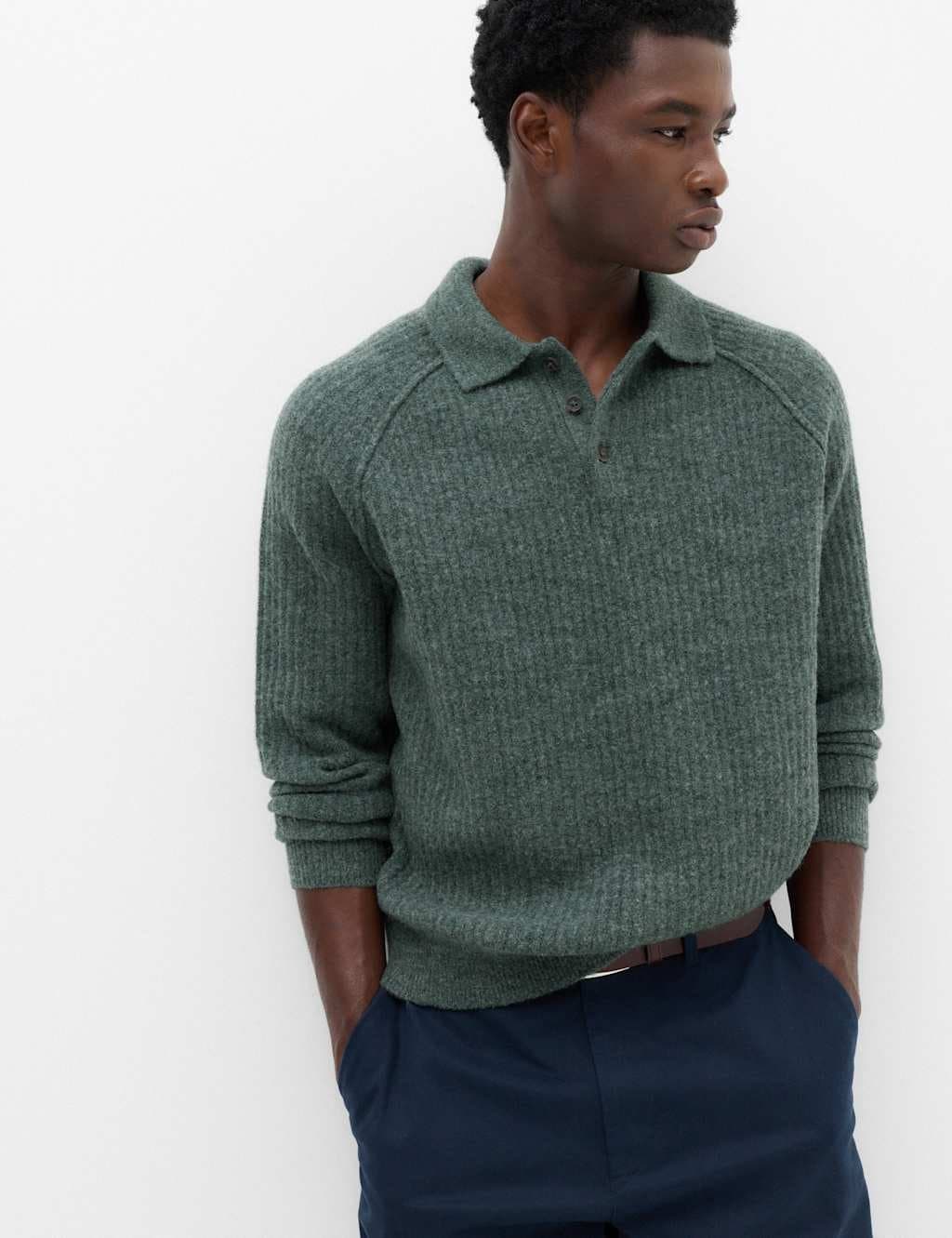 Marks & Spencer M&S Lofty Ribbed Buttoned Knitted Polo Shirt Cedar