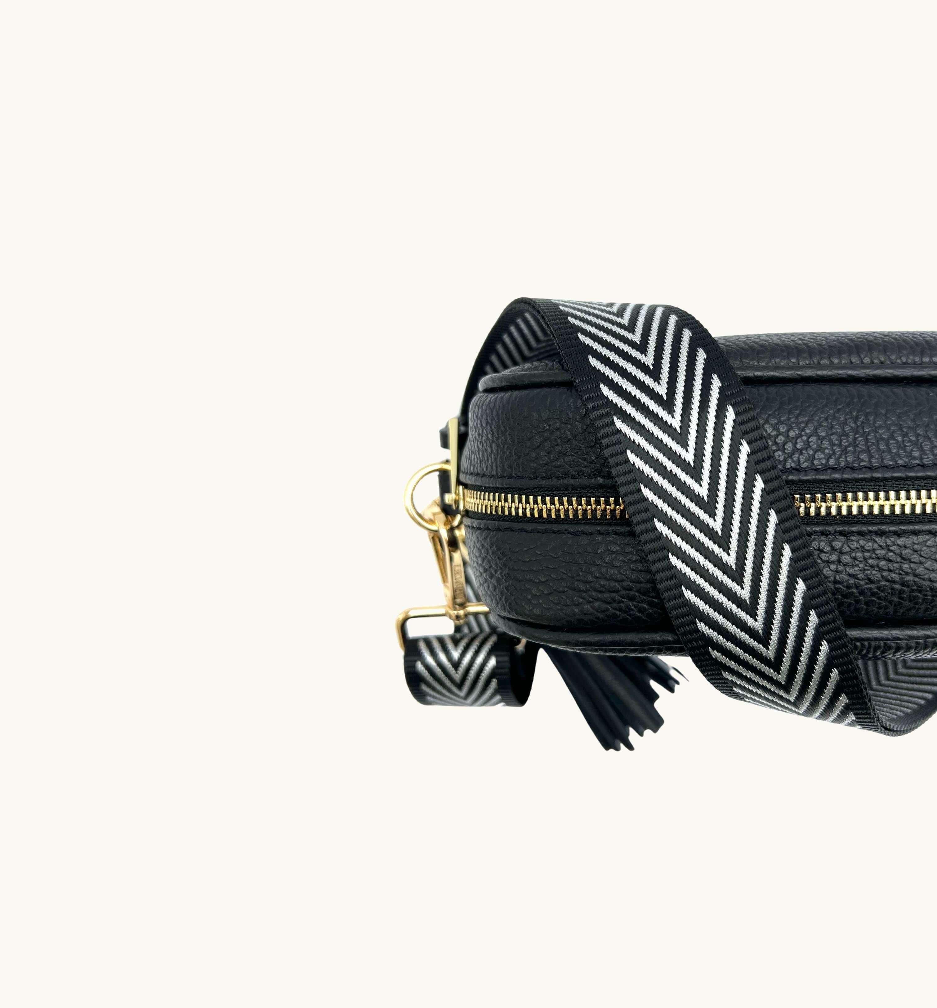 Apatchy London Apatchy London Women's Black Leather Crossbody Bag With Black & Silver Chevron Strap - 2