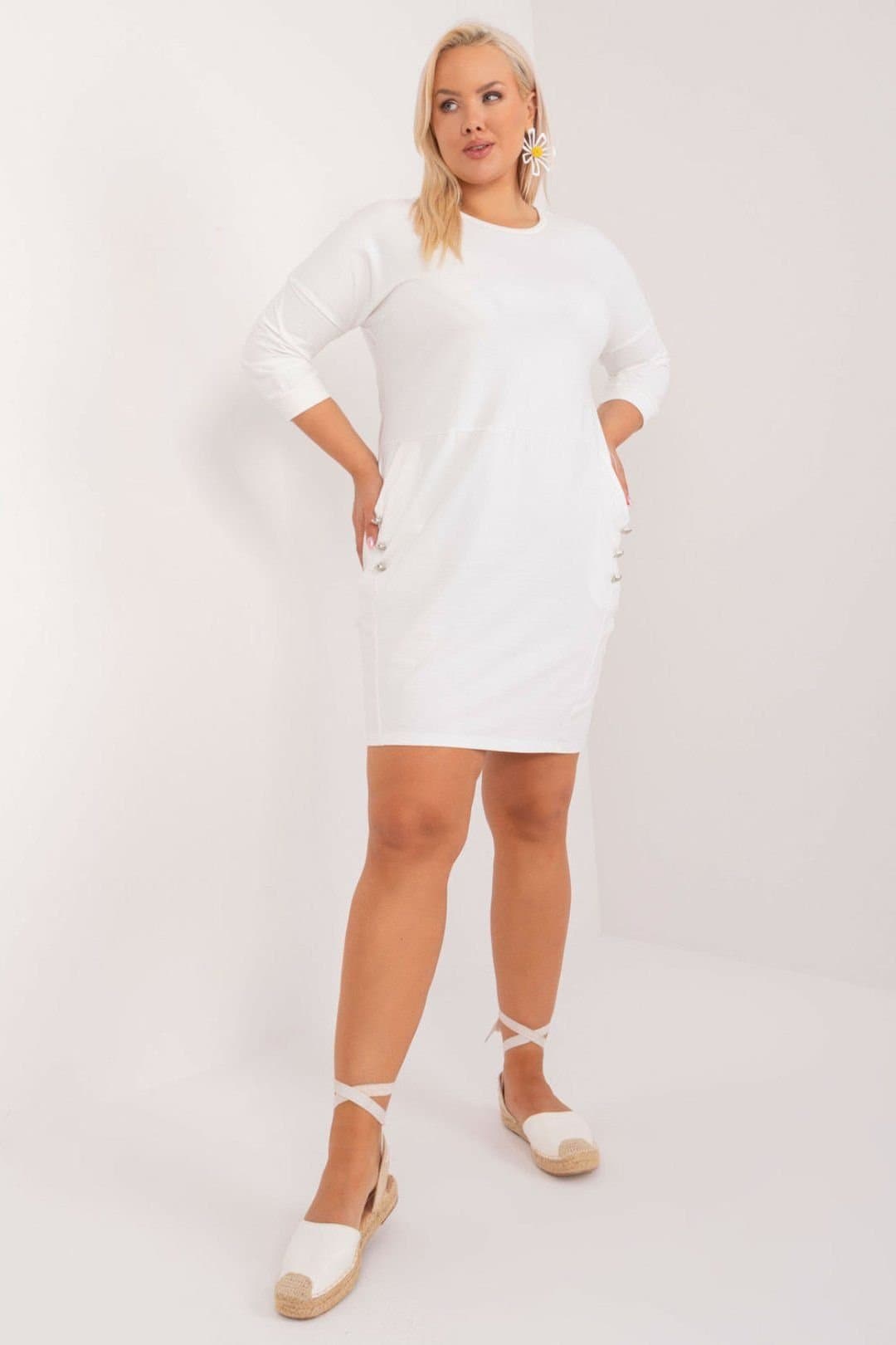 Love Lace Love Lace Women's Plus Size Cotton Knee Length Dress with Pockets Style 197466 in White