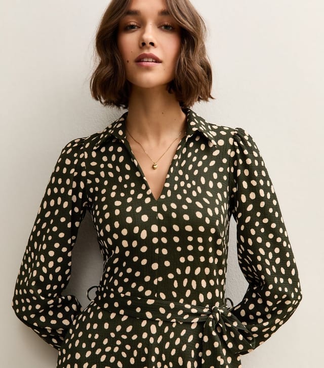 New Look Women's Green Spotty Crinkled Long Sleeve Mini Dress New Look - 2