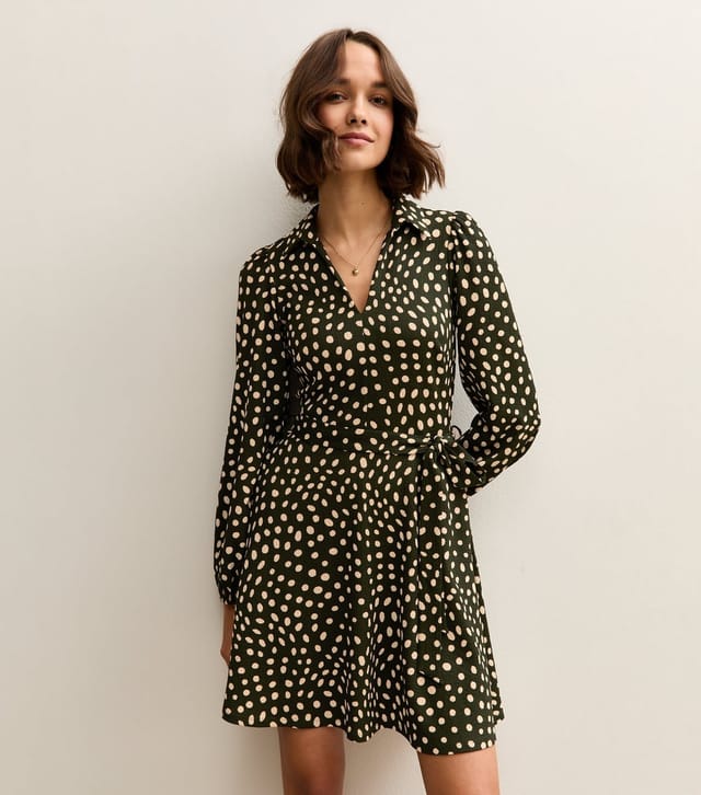 New Look Women's Green Spotty Crinkled Long Sleeve Mini Dress New Look - 3