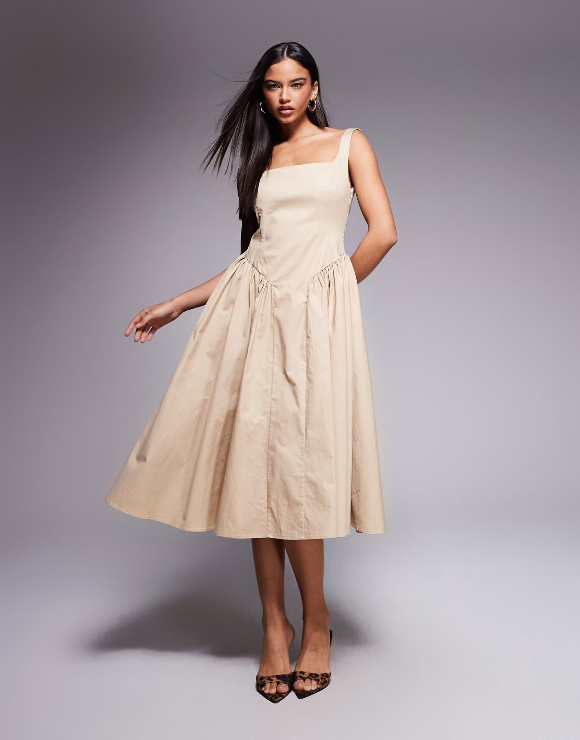 ASOS ASOS Kaiia Square Neck Midi Dress in Beige