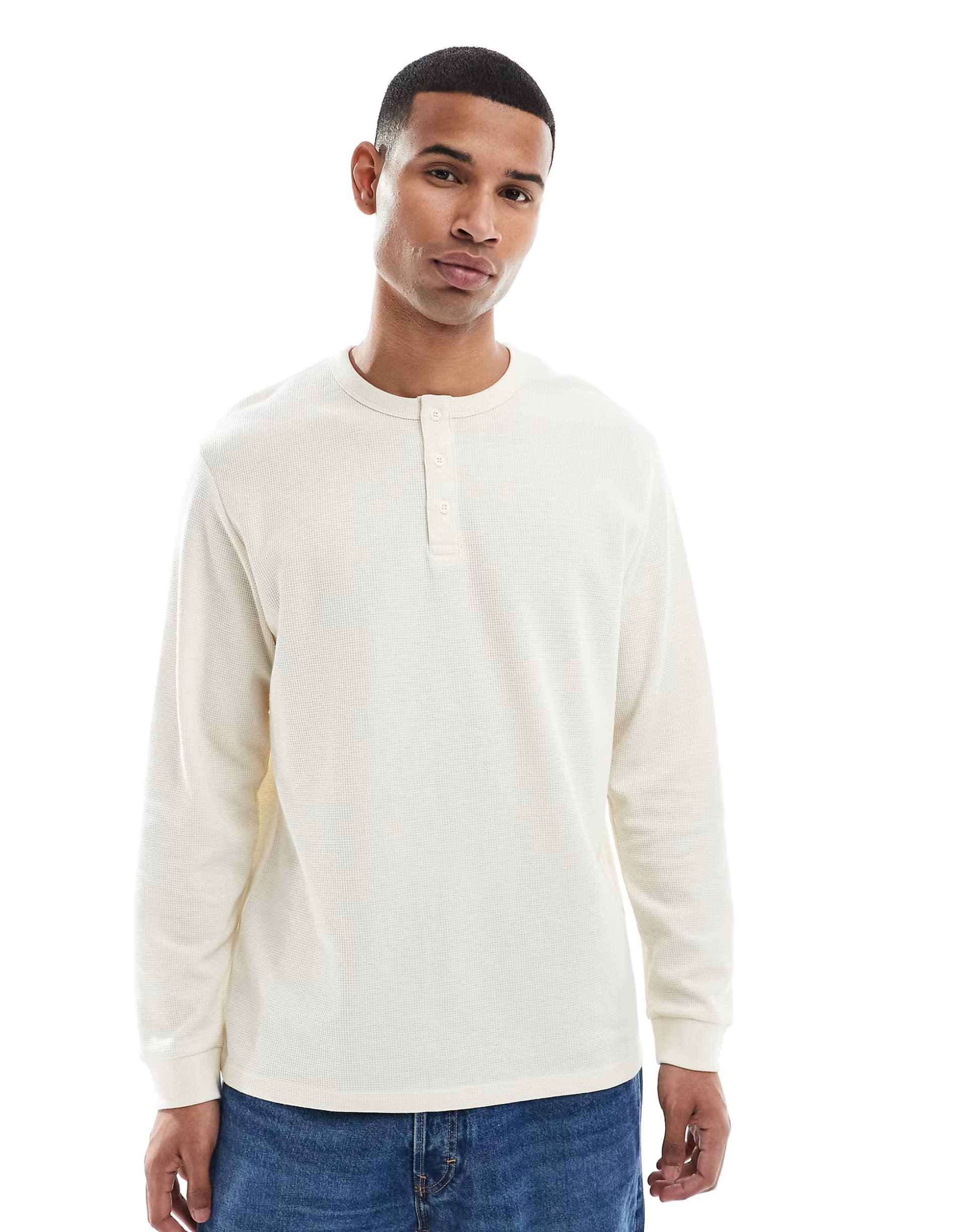 ASOS Jack & Jones long sleeve waffle henley in cream
