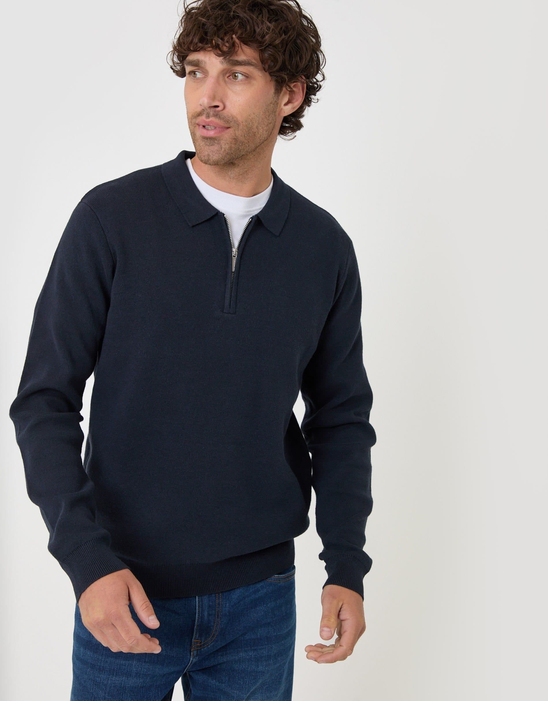 Threadbare threadbare Men's Cotton Rich Quarter Zip Long Sleeve Polo in Blue