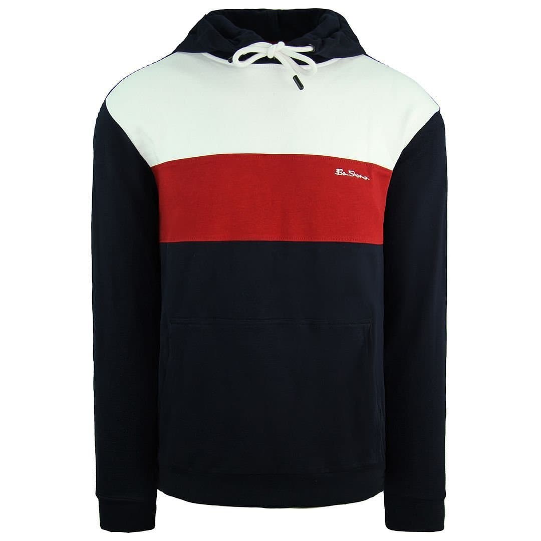 Ben Sherman Ben Sherman Men's Striped Panelled Hoody Pullover Jumper in Blue