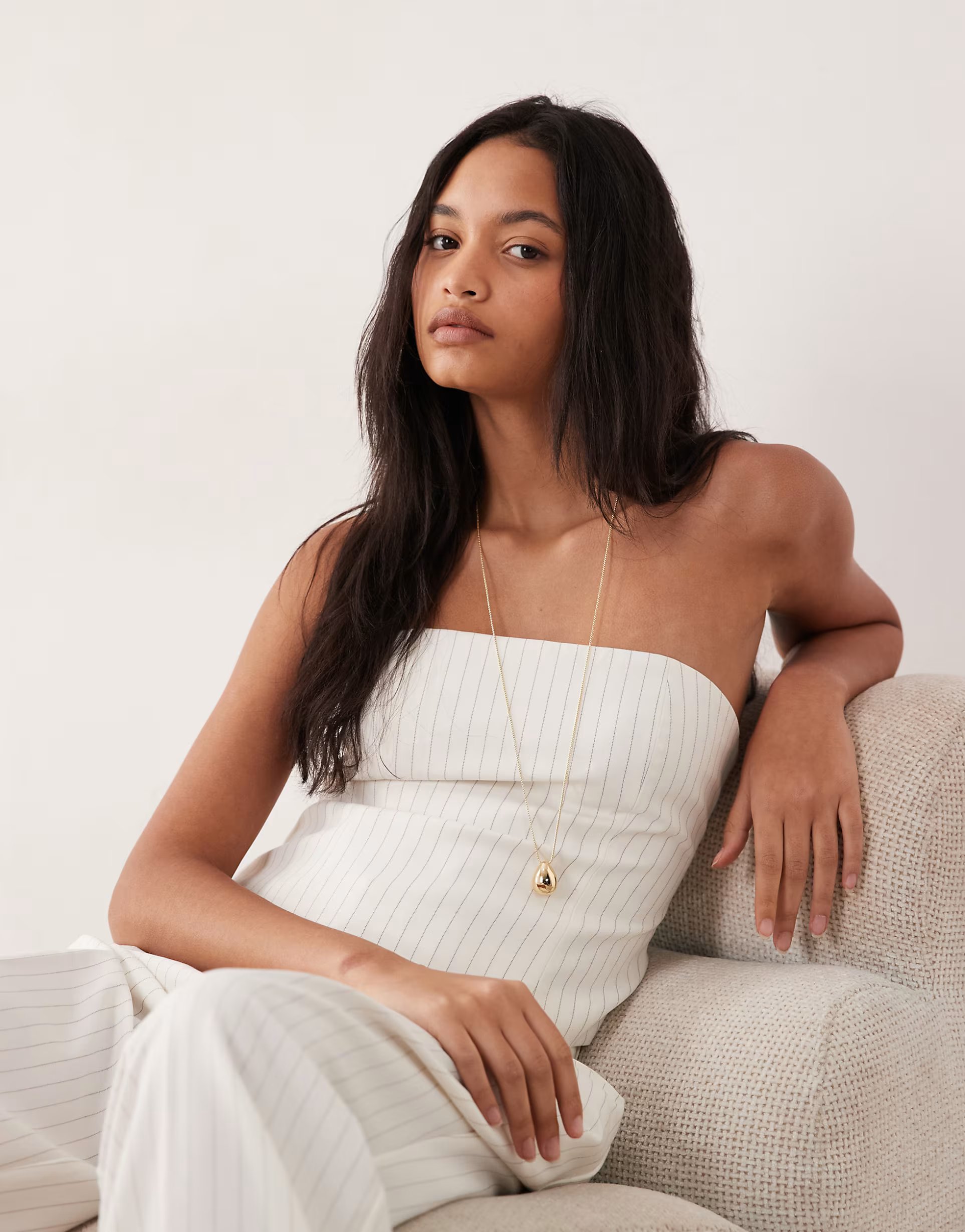 ASOS Good american essential suiting strapless top co-ord in cream pinstripe - 1