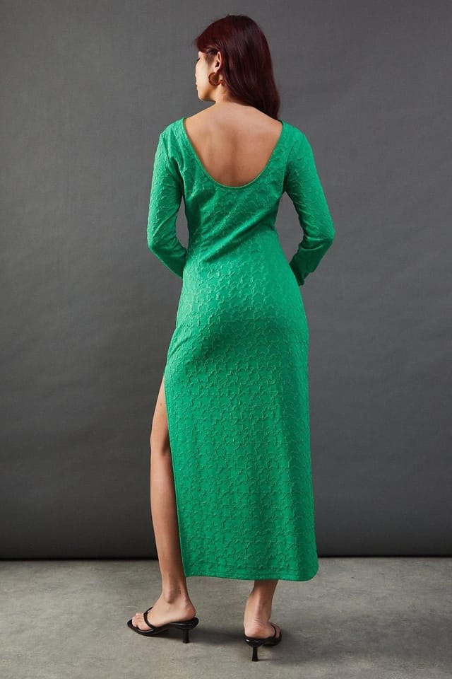 Warehouse Warehouse Women's Jersey Jacquard Slash Neck Scoop Back Midi Dress in Olive - 3
