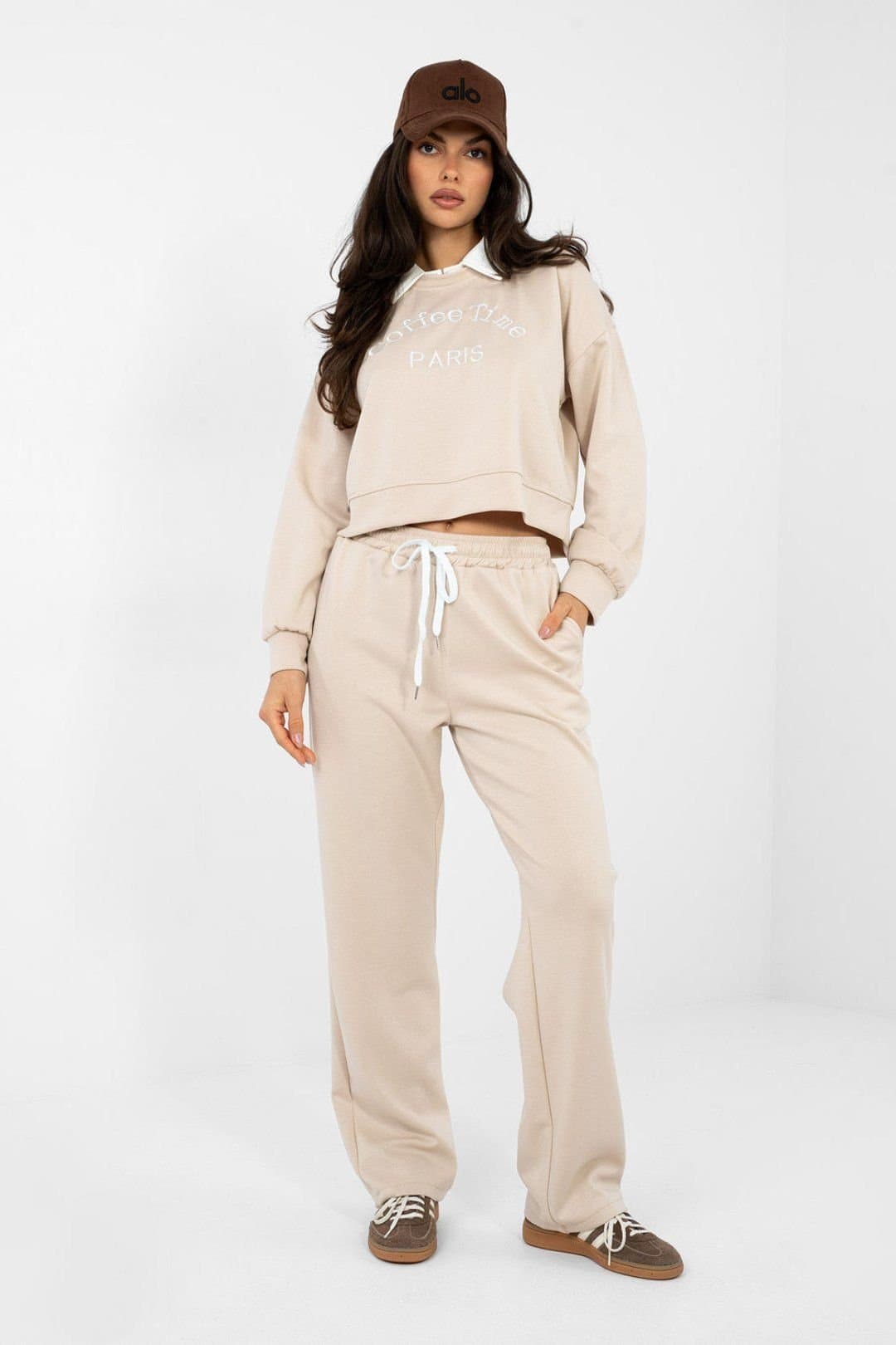 Love Lace Love Lace Women's Modern Hoodie & Straight Leg Pants Set in Beige