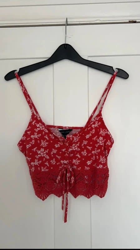 New Look New Look red floral lace trim cami top tie front