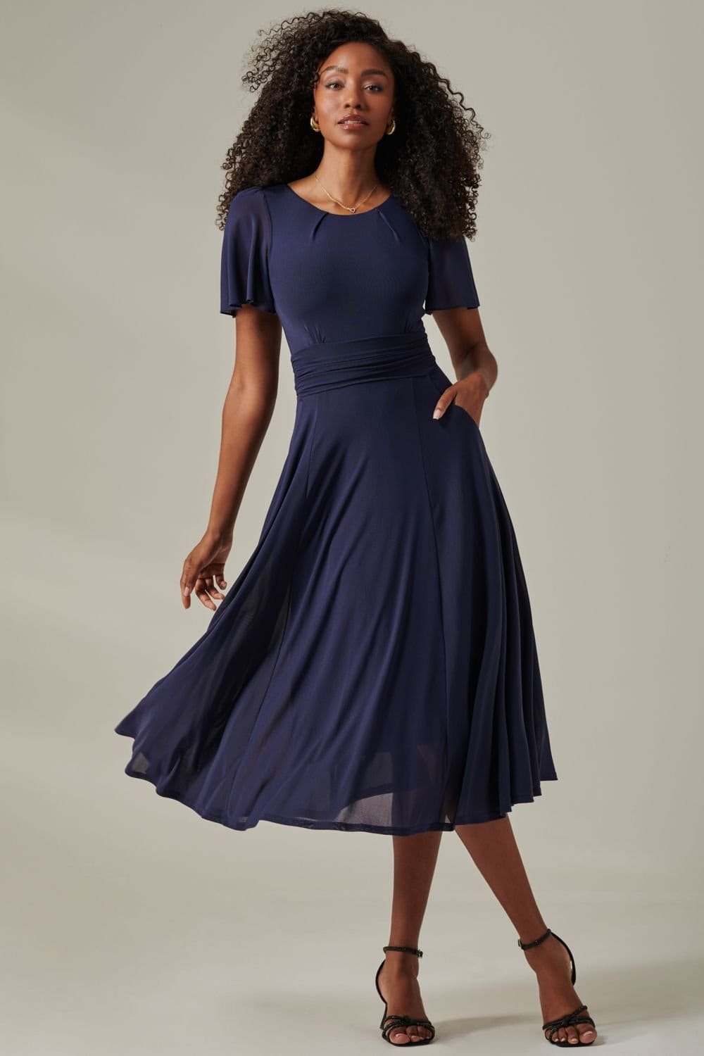 Jolie Moi Jolie Moi Women's Plain Mesh Floaty Sleeve Midaxi Dress in Navy - 4