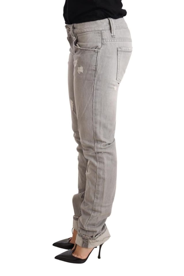 Acht Acht Women's Gray Tattered Cotton Slim Fit Folded Hem Denim Jeans in Grey - 2