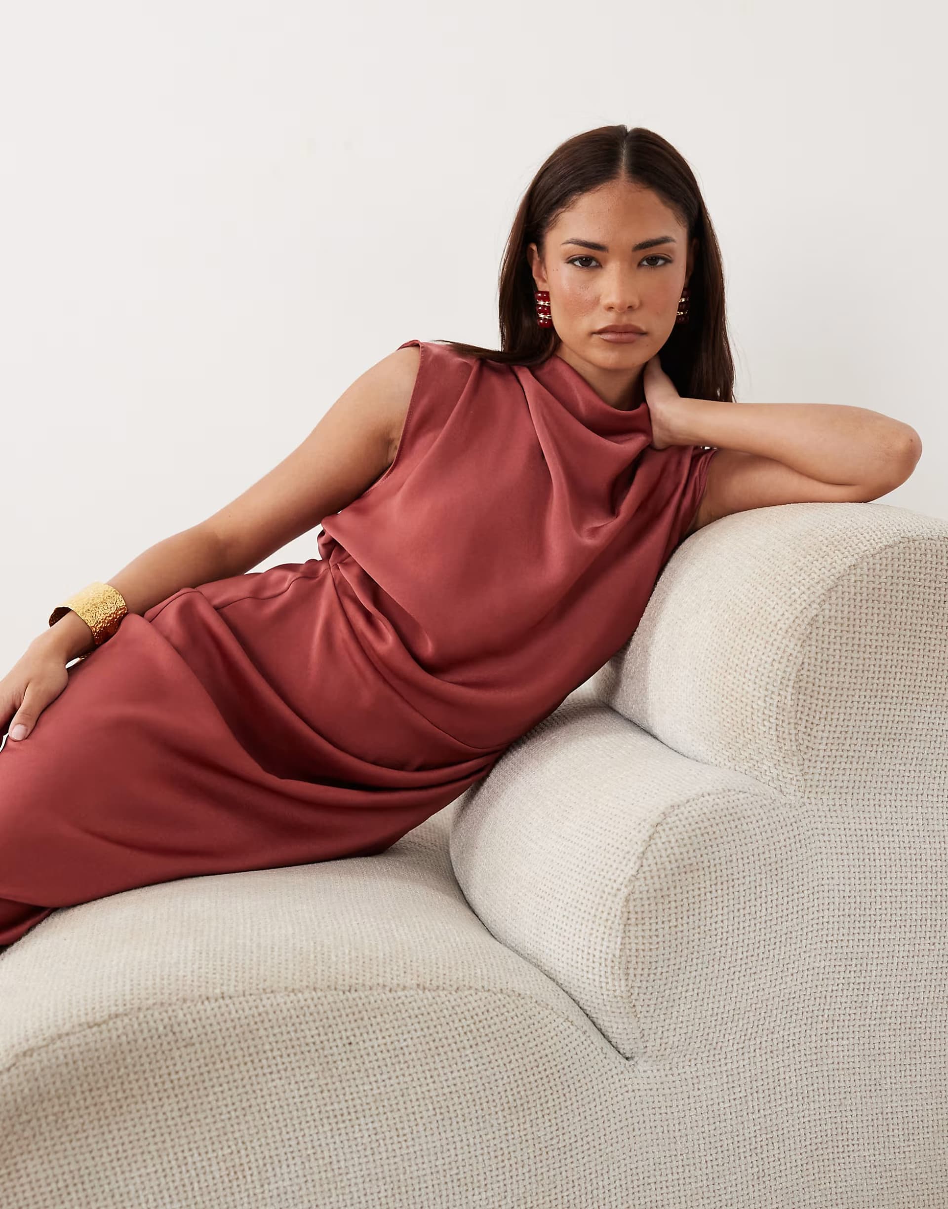 ASOS ASOS DESIGN Petite satin high neck pleated bodice midi dress in red
