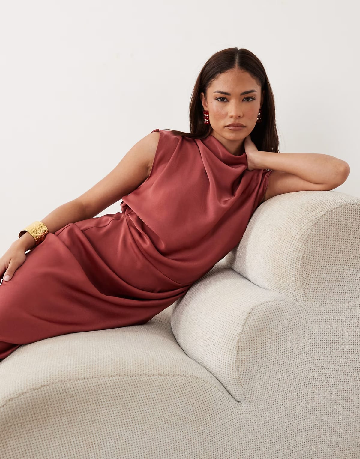 ASOS ASOS DESIGN Petite satin high neck pleated bodice midi dress in red - 1