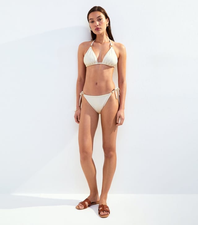 New Look Women's Cream Metallic Textured Ring Detail Bikini Bottoms New Look - 3