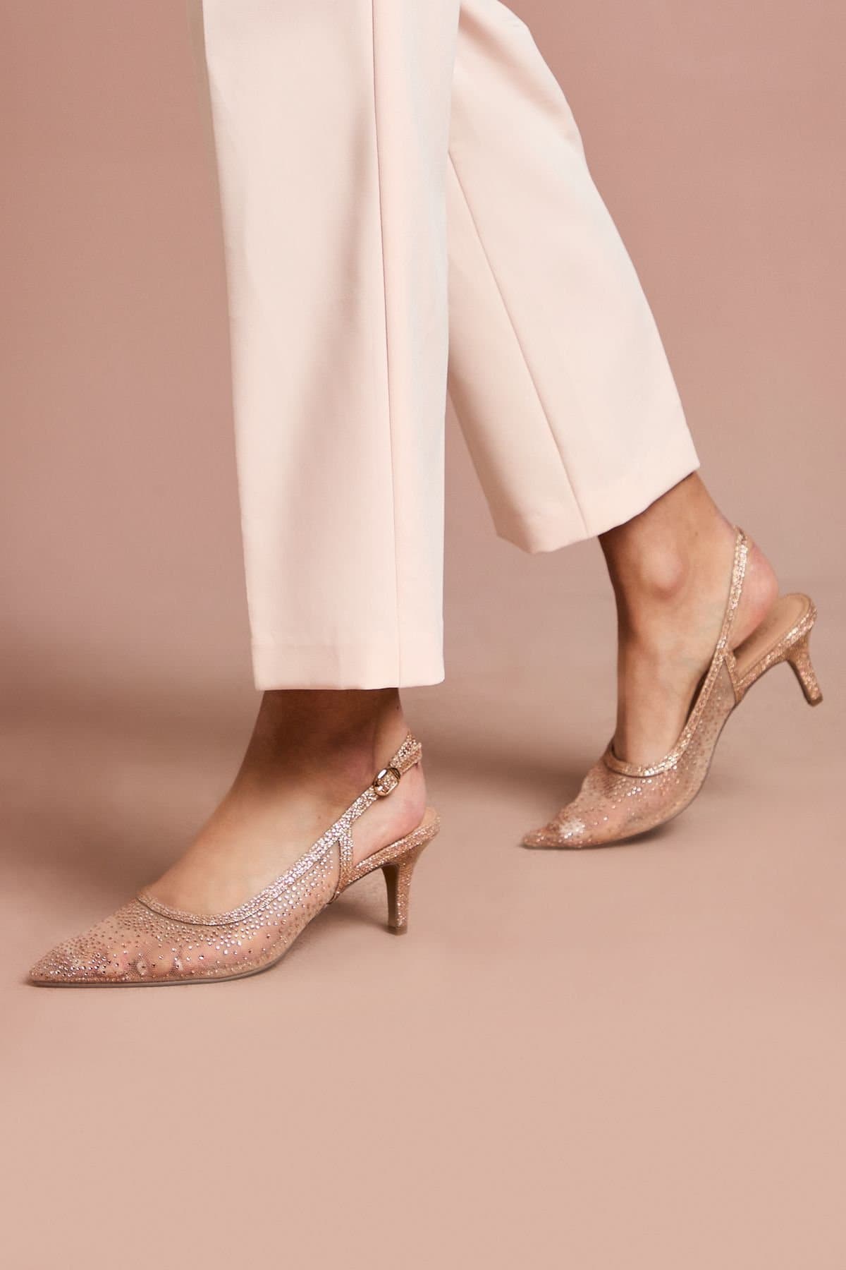 Coast Coast Nude Pink Mesh Diamante Kitten Heel Slingback Court Shoes