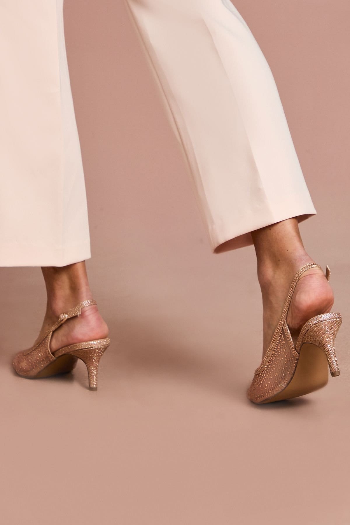 Coast Coast Women's Sara Mesh Diamante Kitten Heel Slingback Court Shoes in Nude Pink - 4