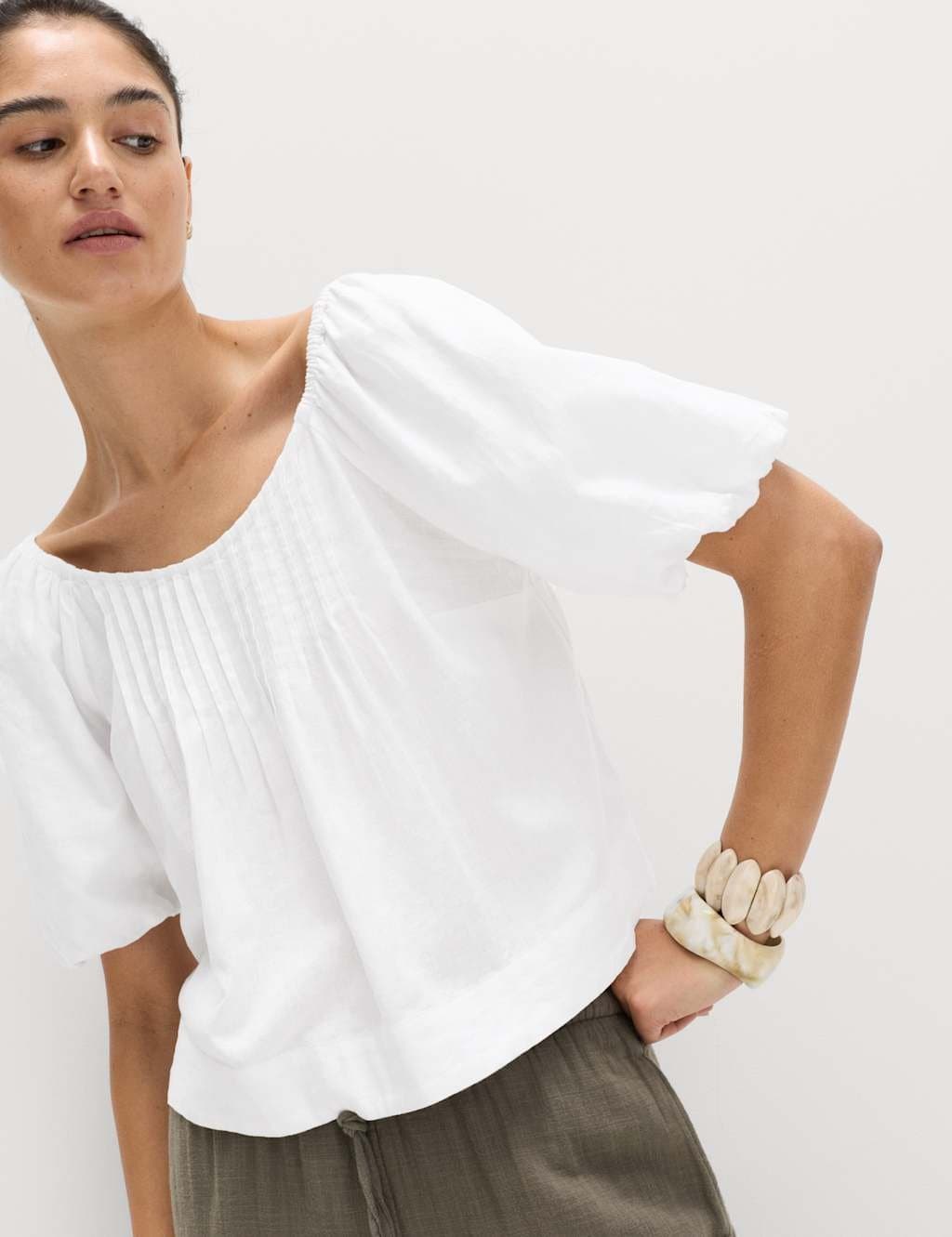 Marks & Spencer M&S Linen Rich Pleated Puff Sleeve Top White