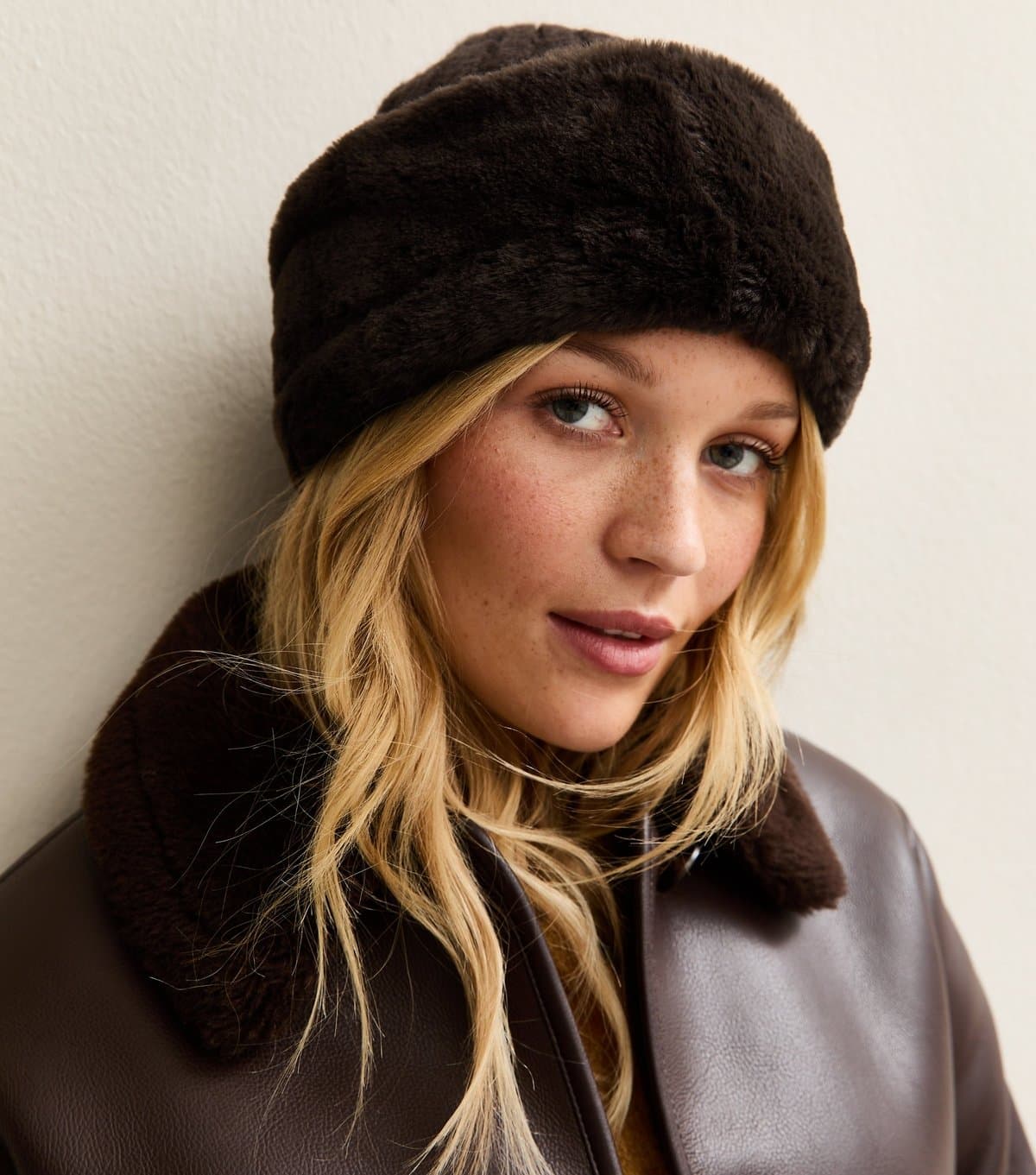 New Look Dark Brown Faux Fur Trim Hat New Look