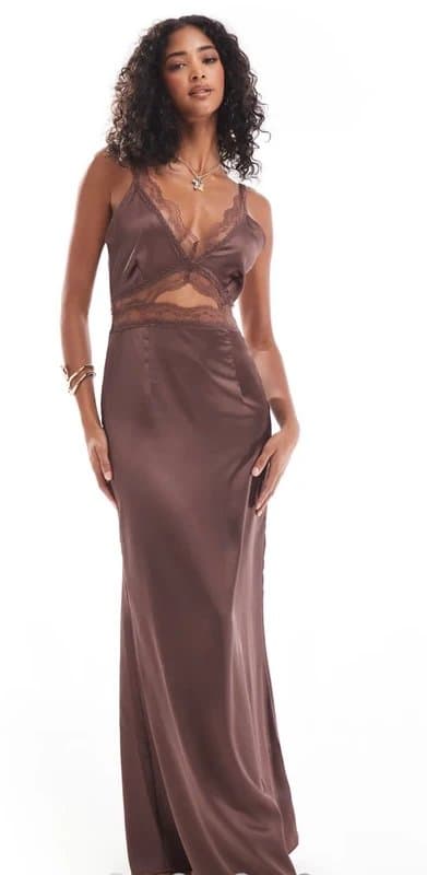 Never Fully Dressed Mimi satin midaxi dress features a lace cut-out design and adjustable spaghetti straps