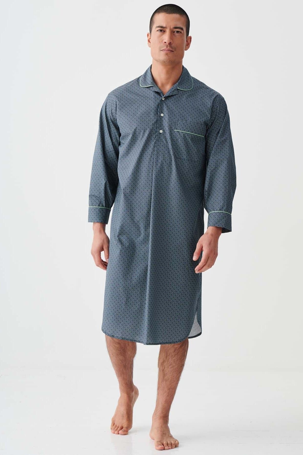 British Boxers British Boxers Men's "Geometric Moorland" Crisp Cotton Nightshirt in Dark Green
