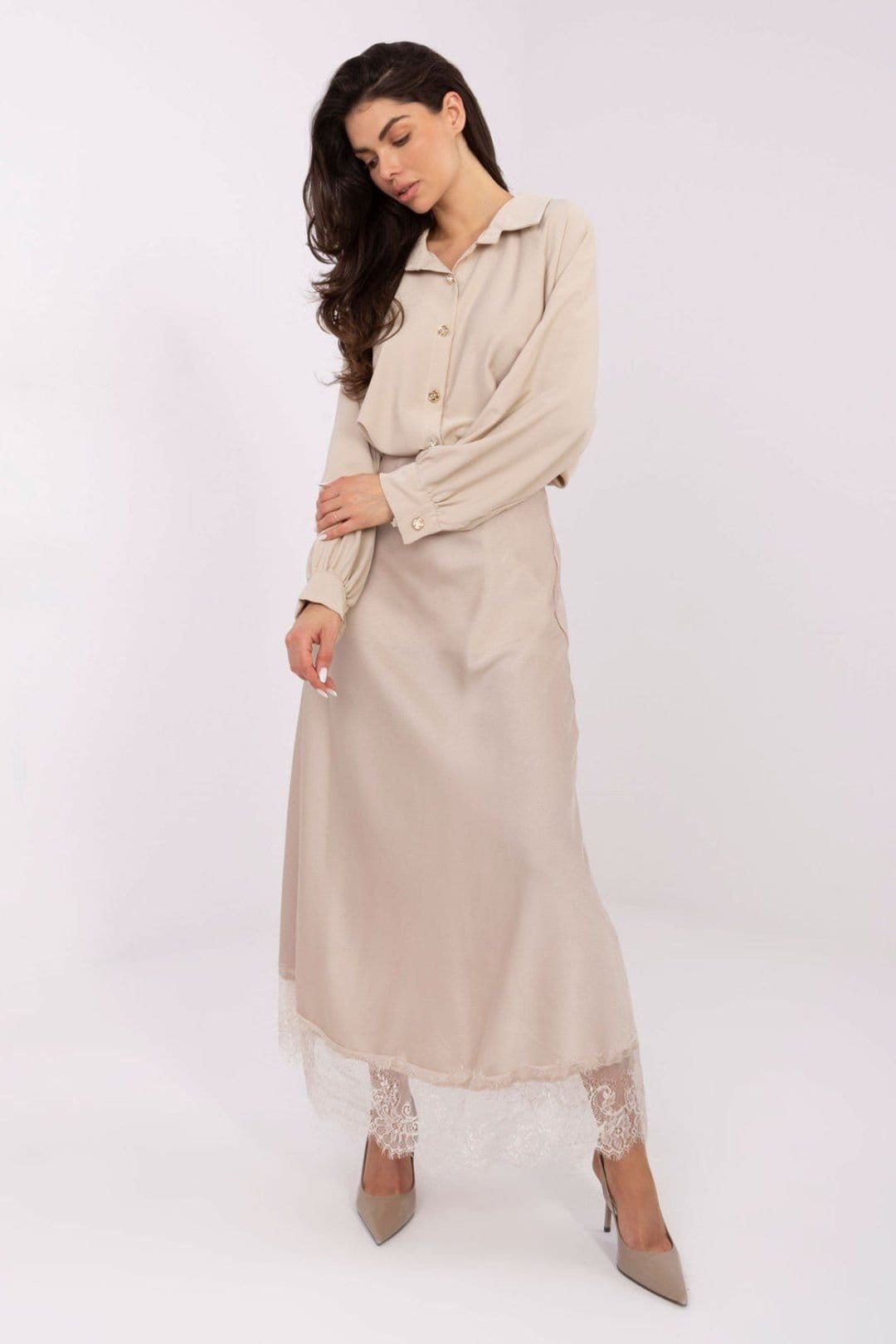 Love Lace Love Lace Women's Classic Long Sleeve Polyester Button Shirt in Beige - 4