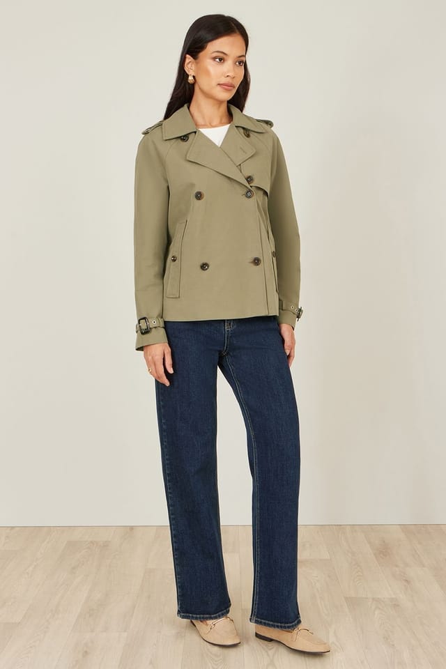 Yumi Yumi Women's Green Cropped Trench Jacket With Pockets & Check Lining - 3