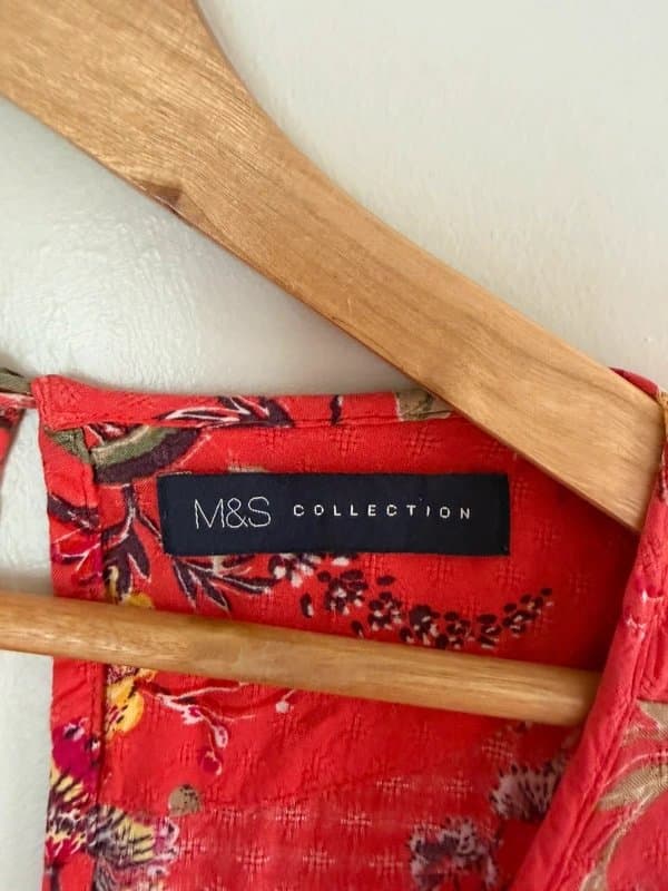 Marks & Spencer M&S Marks & Spencer Viscose Coral Red Floral Print Blouse with Gathered Yoke Size 16