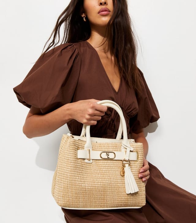 New Look Stone Raffia Look Triple Compartment Top Handle Bag New Look - 2