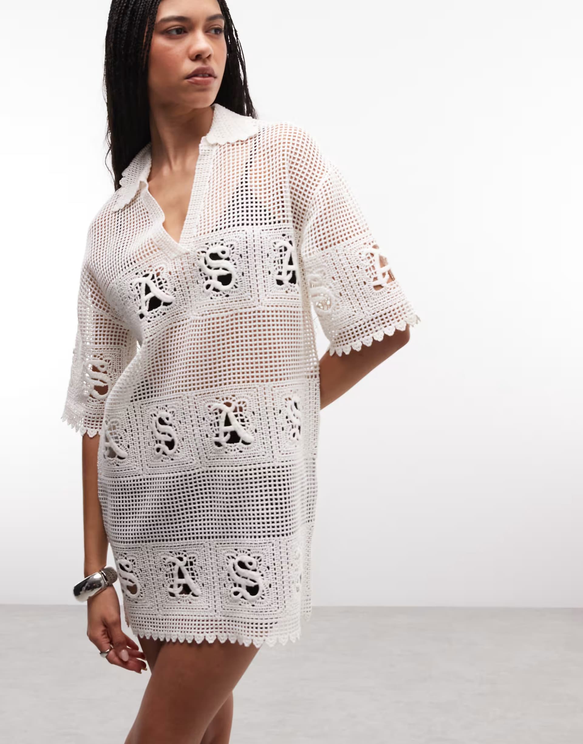 ASOS AllSaints Kyra short sleeve crochet mini dress in white