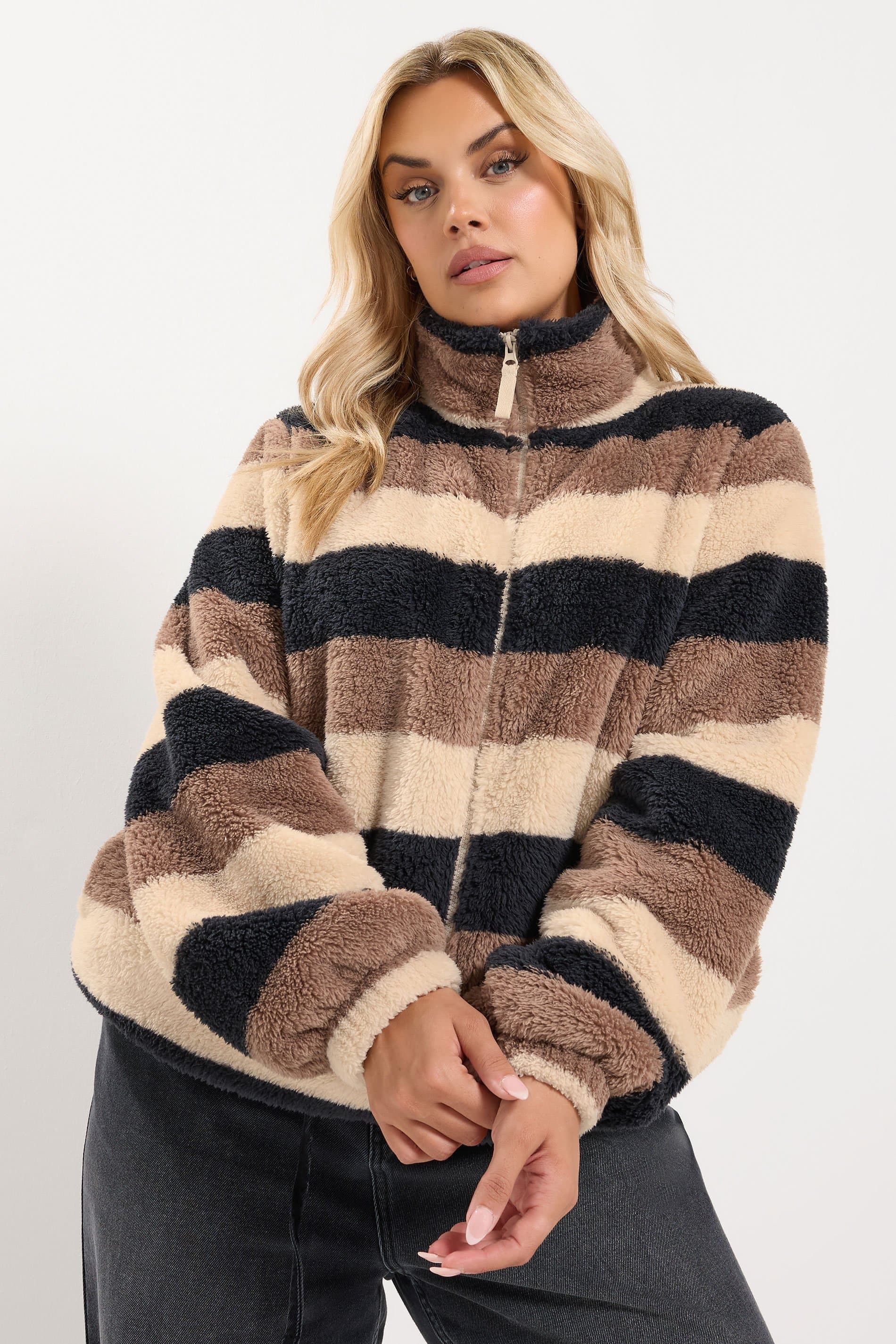 Yours Plus Size Brown Stripe Print Zip Through Fleece