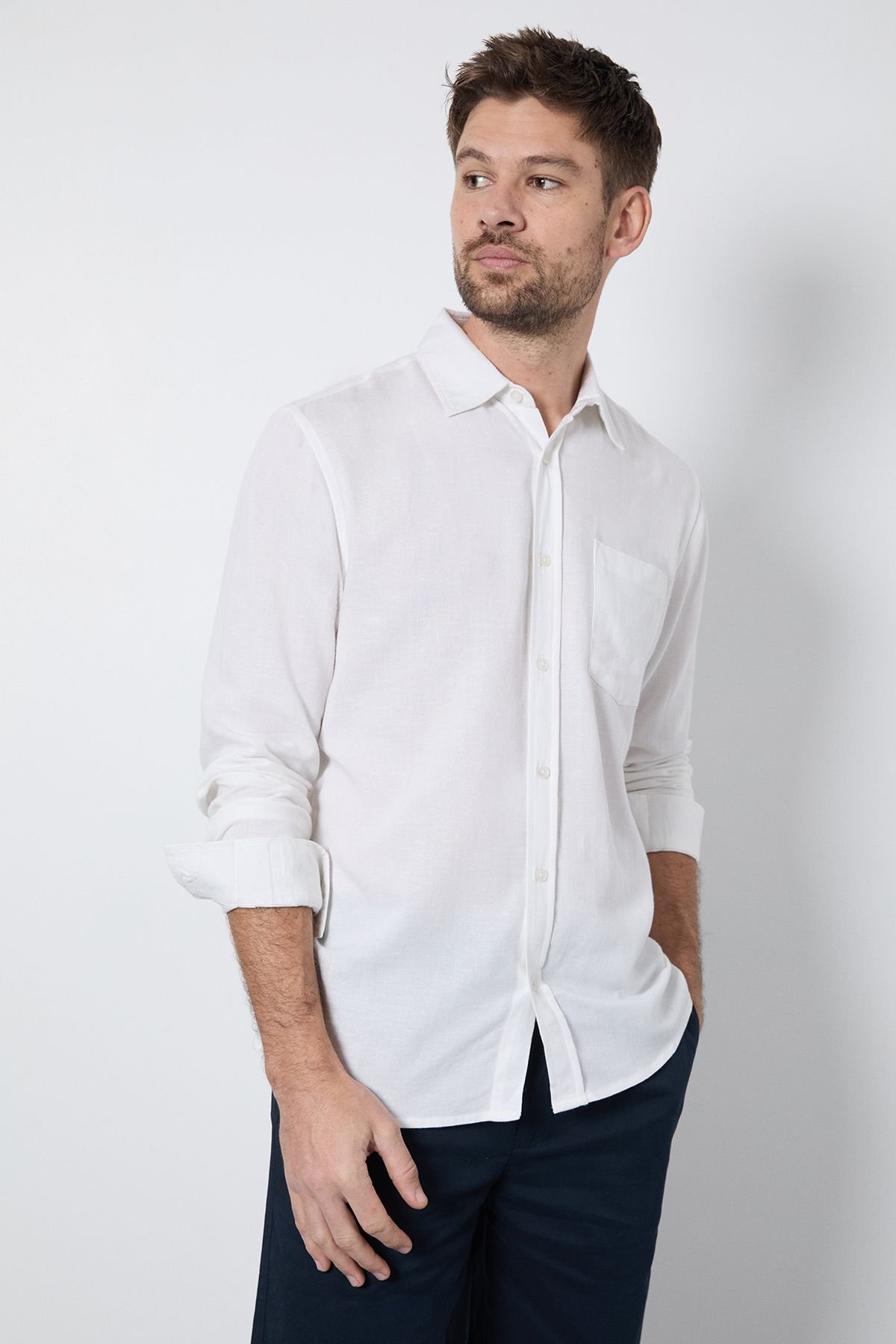 Burton Burton Men's White Linen Blend Long Sleeve Shirt - 2