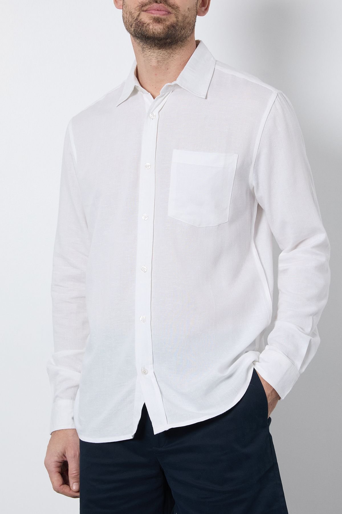 Burton Burton Men's White Linen Blend Long Sleeve Shirt - 4