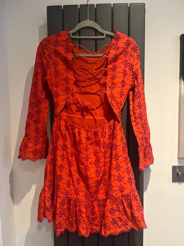 Never Fully Dressed Never Fully Dressed Backless Mini Dress Size 8 Pink Red Broderie Anglaise Boho Cottagecore Festival
