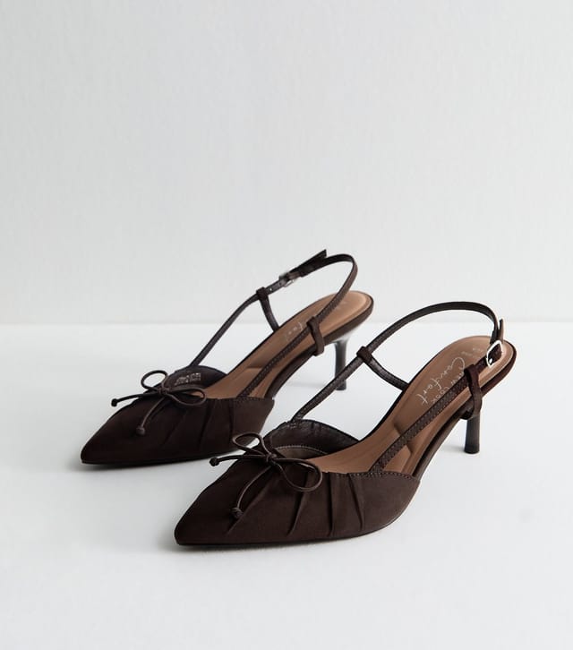 New Look Women's Wide Fit Dark Brown Faux Suede Bow Front Slingback Stiletto Heels Vegan New Look - 2