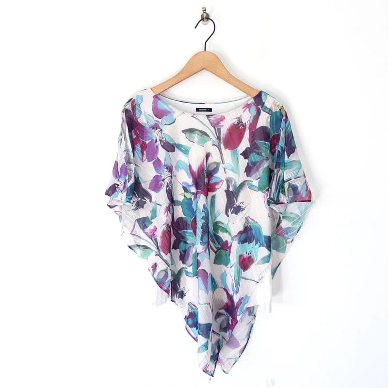 ROMAN Roman Multi Floral Asymmetric Chiffon Overlay Top Size 16 Tunic Blouse White